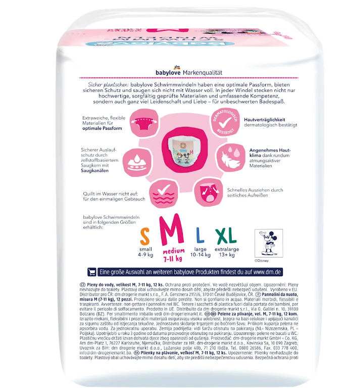 babylove Disney Swim Diapers Size Medium | 7–11 kg | Disposable Swimming Diapers | 2 × 11 = 22 Diapers