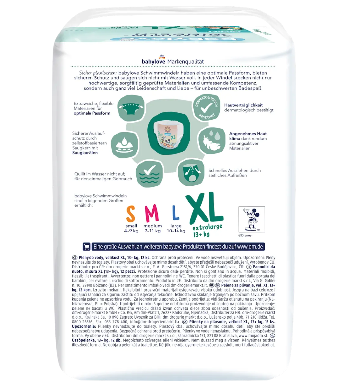 babylove Disney Swim Diapers Size XL | 13+ kg | Disposable Swimming Diapers | 2 × 12 = 24 Diapers