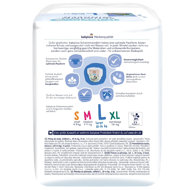 babylove Disney Swim Diapers Size Large | 10–14 kg | Disposable Swimming Diapers | 2 × 12 = 24 Diapers