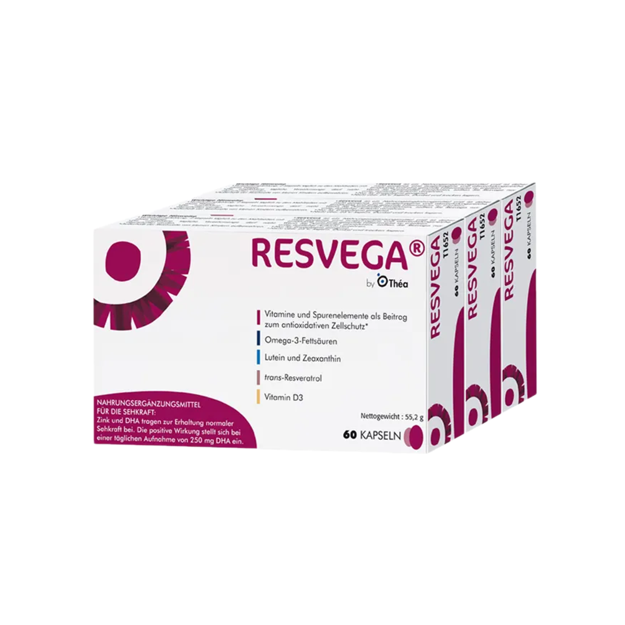 RESVEGA | Omega-3 DHA & EPA + Lutein + Zeaxanthin + Resveratrol | 3 × 60 Capsules | 180 Capsules | PZN 09755674