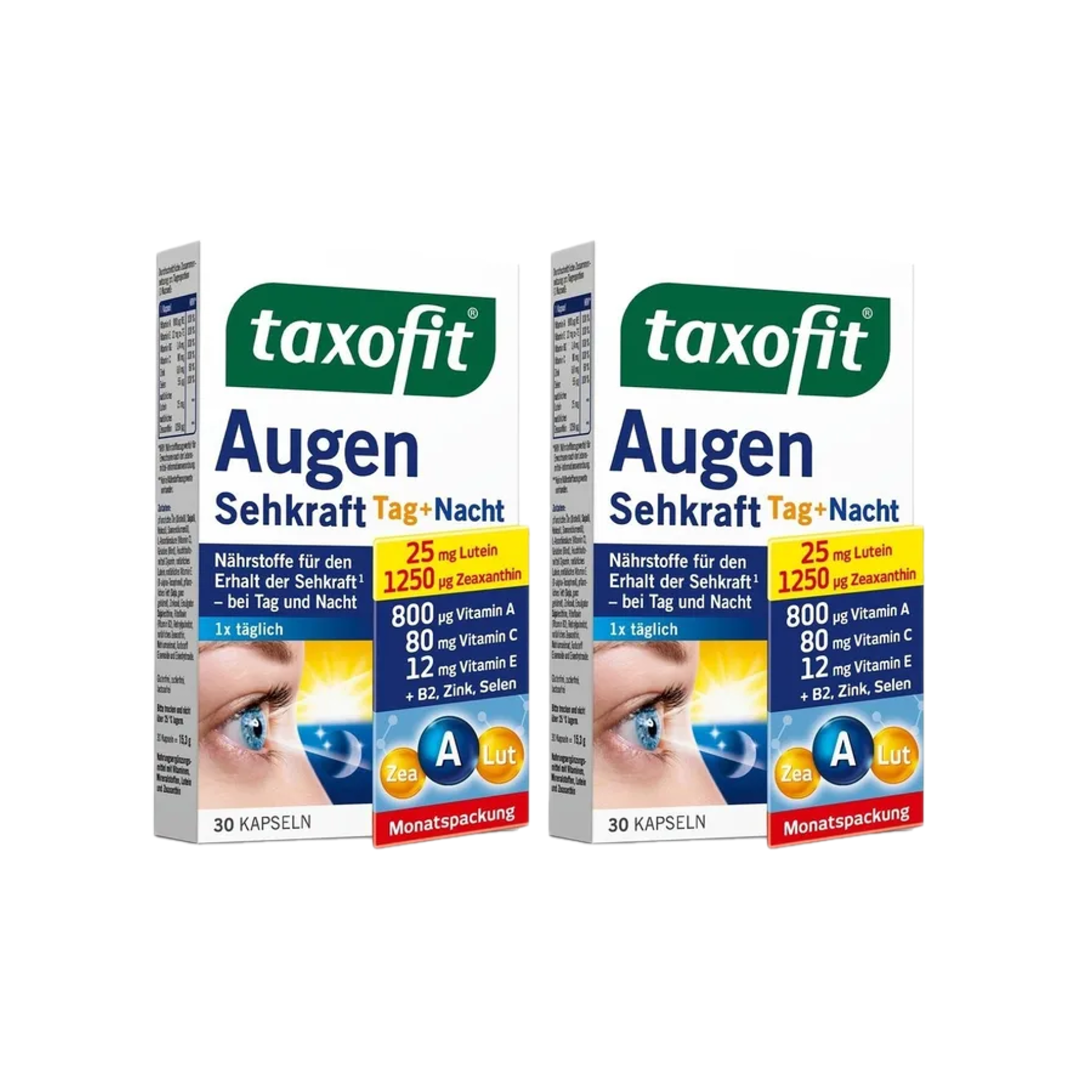 Taxofit eye eyesight Double Pack | 2 × 30 Capsules | Lutein 25 mg + Zeaxanthin + Vitamins A, C, E & Zinc | 60 Capsules Total | PZN 12749602