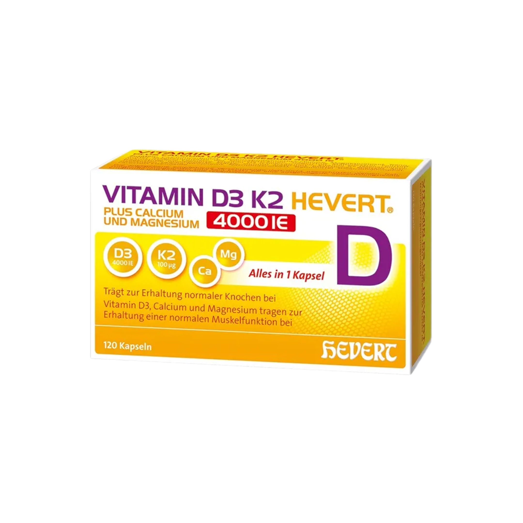 Vitamin D3 K2 Hevert 4000 IU | Vitamin K2 MK-7 + Calcium & Magnesium | Bone & Muscle Support | 120 Capsules | PZN 19295713