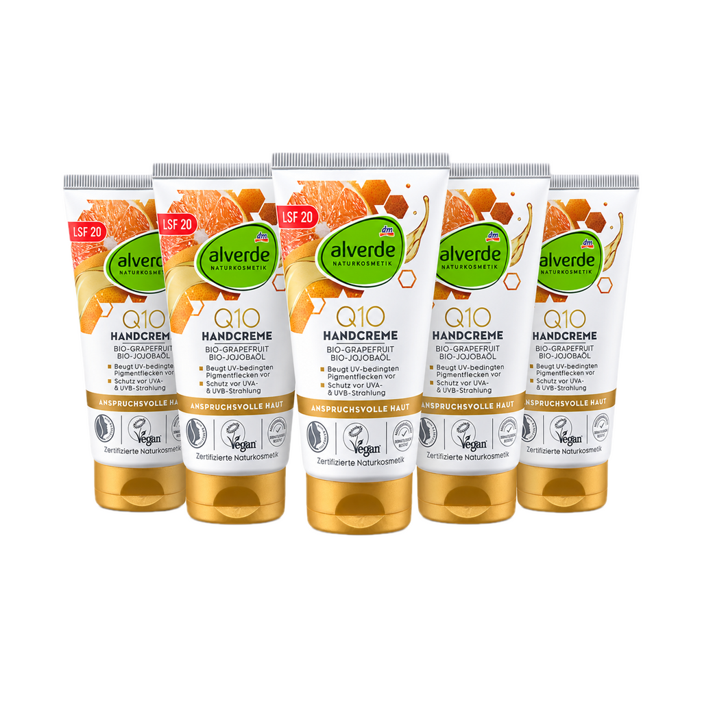 alverde NATURKOSMETIK Q10 Hand Cream SPF 20 | Coenzyme Q10 + Organic Jojoba Oil + Organic Grapefruit | Vegan Natural Hand Care | 5 × 75 ml Value Pack | 375 ml Total