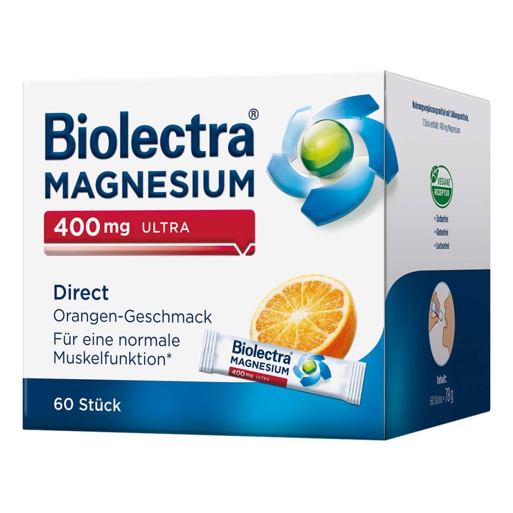 Biolectra镁400毫克超速溶橙味 – 肌肉、能量与抗疲劳支持（无需用水）60粒 PZN 14371272