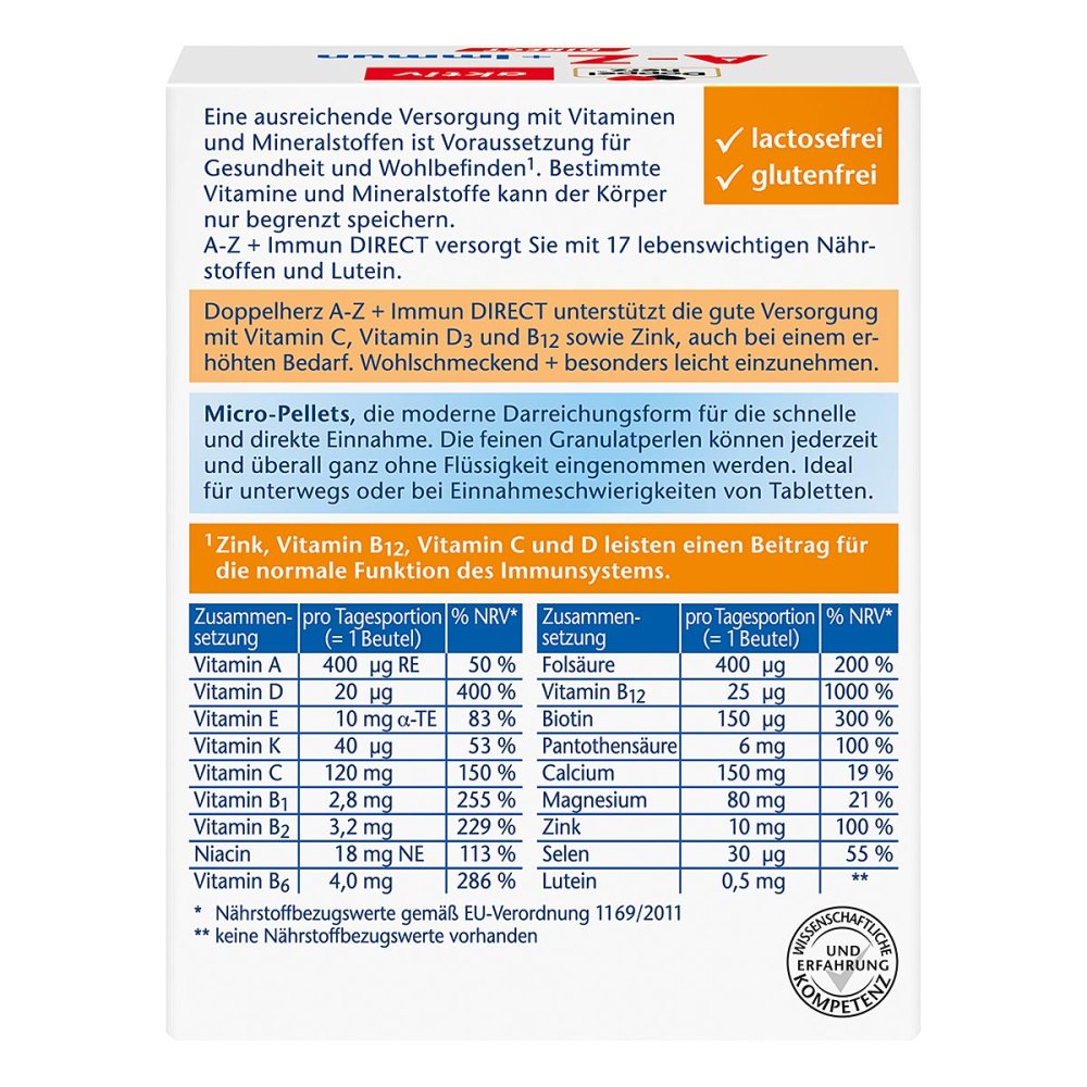 Doppelherz aktiv A-Z + Immun DIRECT Triple Pack 60 Sachets | 3 × 20 Micro-Pellet Sachets | 17 Vitamins, Minerals & Lutein | Orange Flavor |  PZN 16687909