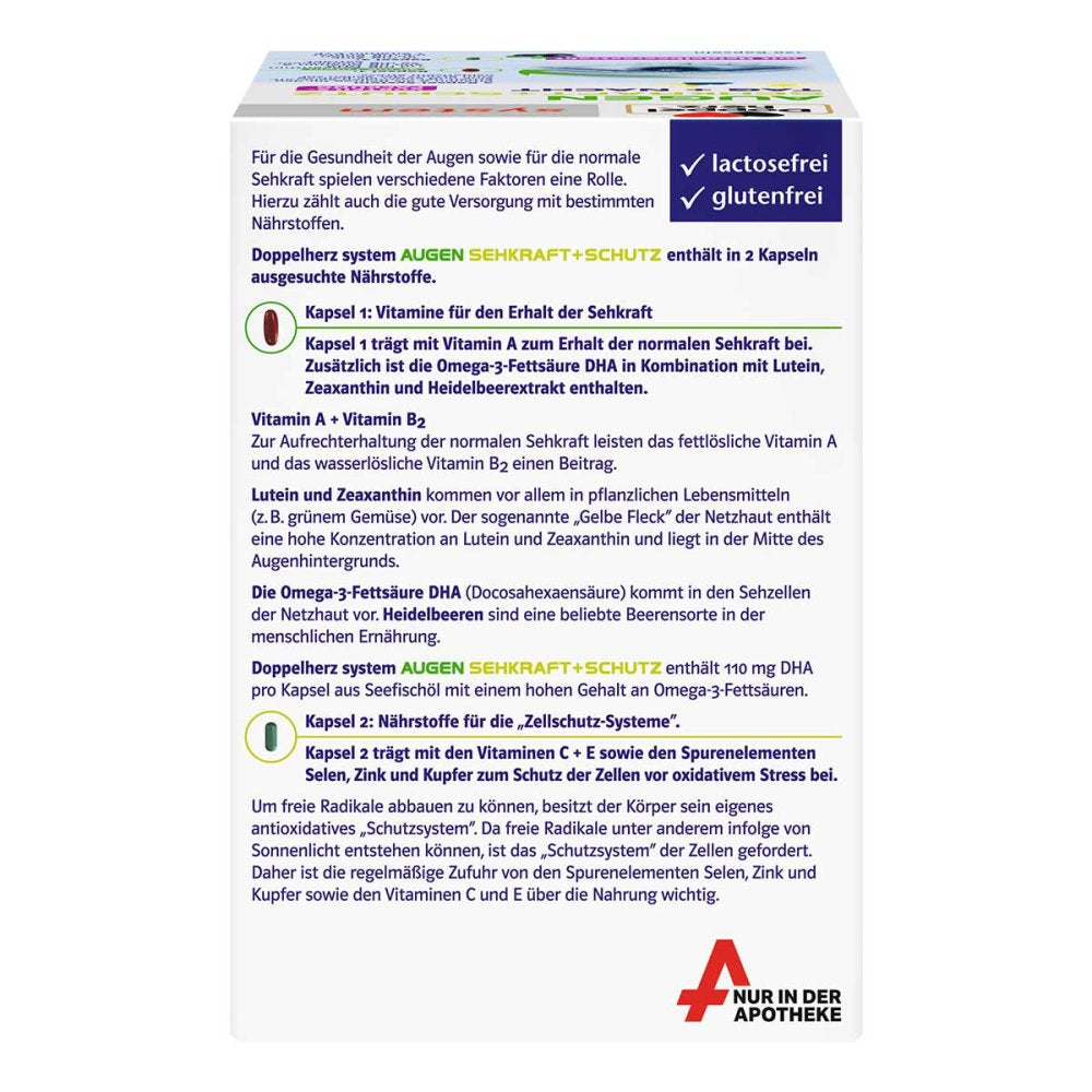 Doppelherz system Augen Sehkraft + Schutz | Lutein 20 mg + Zeaxanthin + DHA & Bilberry | 120 Capsules | PZN 00148783