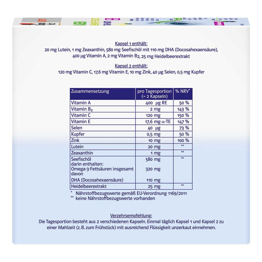 Doppelherz system Augen Sehkraft + Schutz | Lutein 20 mg + Zeaxanthin + DHA & Bilberry | 120 Capsules | PZN 00148783