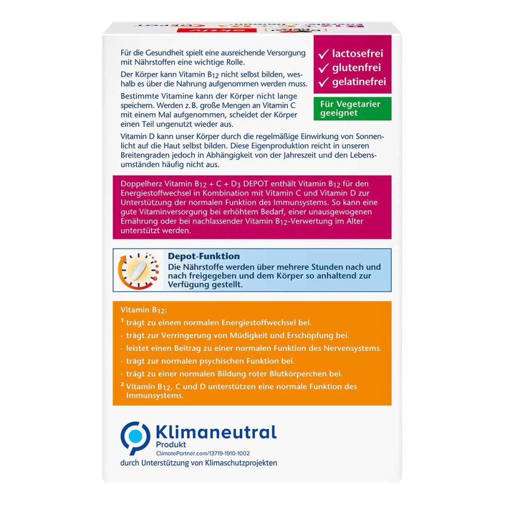 Germany Doppelherz B12 + C + D3 Depot Active Tablets 100 pcs PZN 16926521 Energy Immune Support Vitamin B12