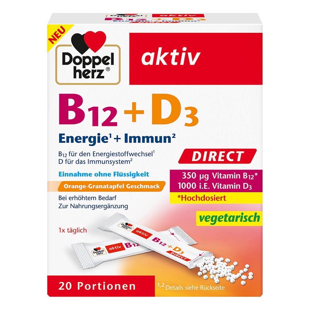 Doppelherz B12 + D3 Direct Pellets 20 pcs | High-Dose Vitamin B12 & Vitamin D3 Energy Support | PZN 18302285