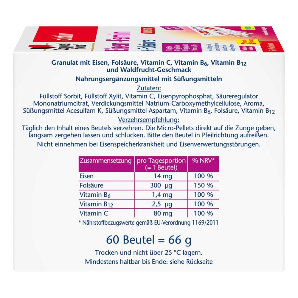 Doppelherz aktiv Eisen-Femin DIRECT 60 Sachets | Iron, Vitamin C, Folic Acid, Vitamin B6 & B12 | Direct Micro-Pellets | Wild Berry Flavor | PZN 18390639