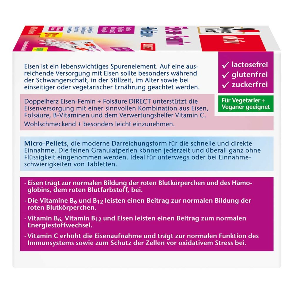 Doppelherz aktiv Eisen-Femin DIRECT 60 Sachets | Iron, Vitamin C, Folic Acid, Vitamin B6 & B12 | Direct Micro-Pellets | Wild Berry Flavor | PZN 18390639