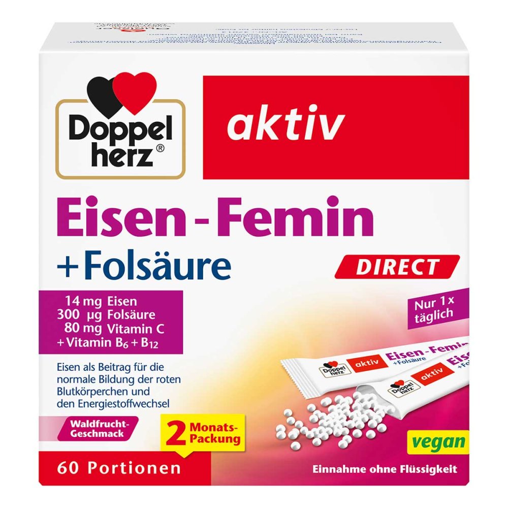 Doppelherz® aktiv Eisen-Femin DIRECT Triple Pack | 3 × 60 Sachets | Iron, Vitamin C, Folic Acid, Vitamin B6 & B12 | Direct Micro-Pellets | Wild Berry Flavor | 180 Sachets PZN 18390639