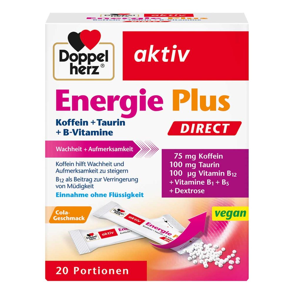 Doppelherz aktiv Energie Plus DIRECT 20 Sachets | Energy & Focus Support | 75 mg Caffeine, Taurine & B Vitamins | Cola-Flavored Micro-Pellets | PZN 16395265