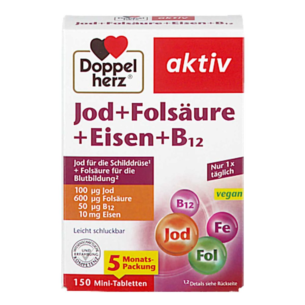 Germany Doppelherz Iodine + Folic Acid + Iron + B12 Tablets 150 pcs PZN 18710558 Women Energy Thyroid Support