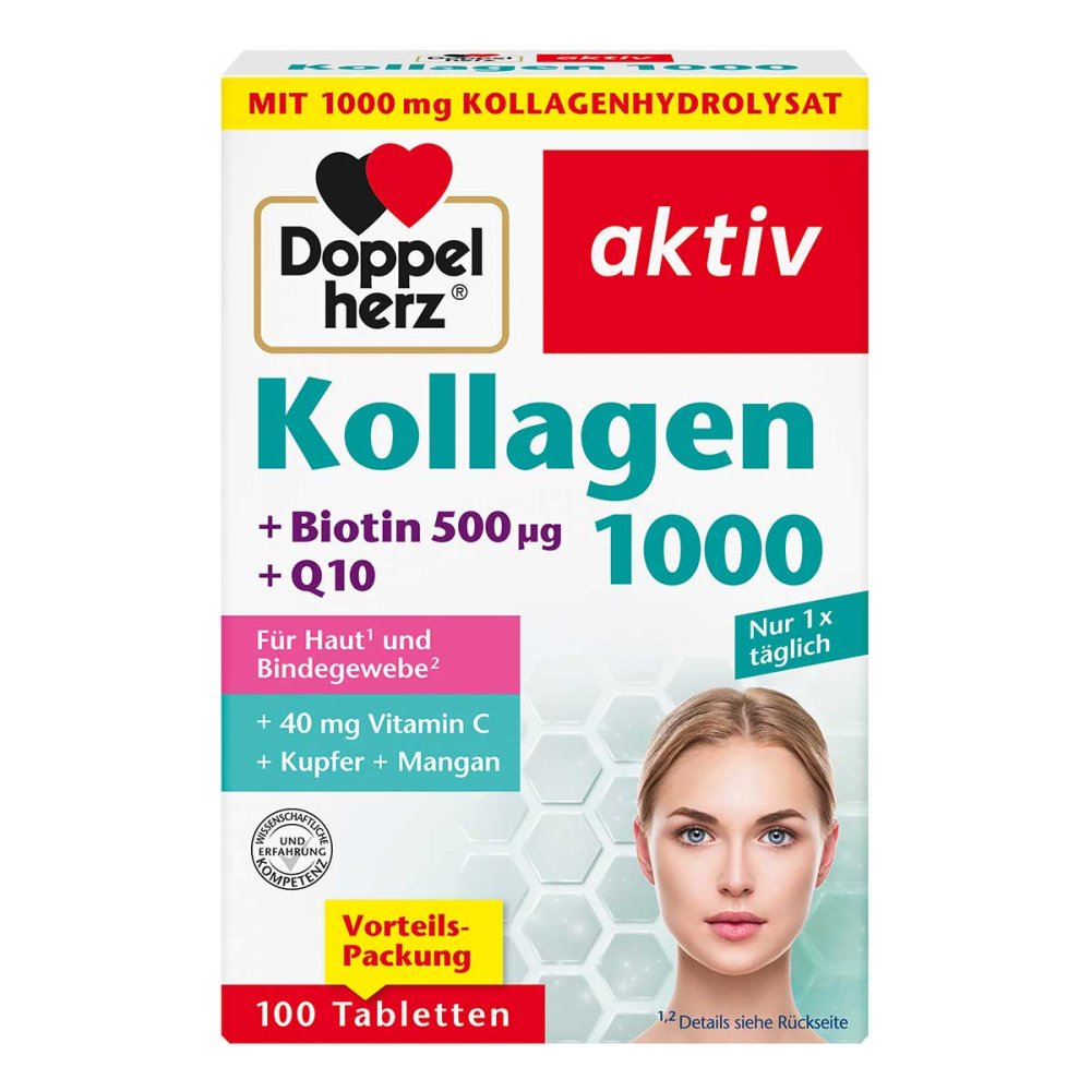德国原装Doppelherz双心 胶原蛋白1000mg美容养颜片 100粒 PZN 18389369 保护皮肤/头发/指甲 维持正常结缔组织，支持胶原蛋白的形成