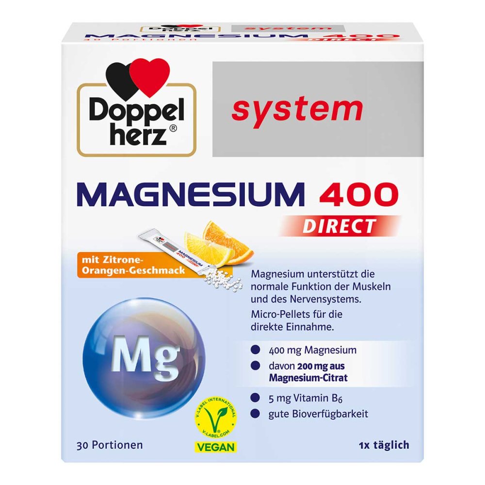 德国原装 Doppelherz双心 系统400mg镁直饮颗粒30袋 PZN 13590078 支持能量代谢，平衡电解质，维持正常的肌肉功能