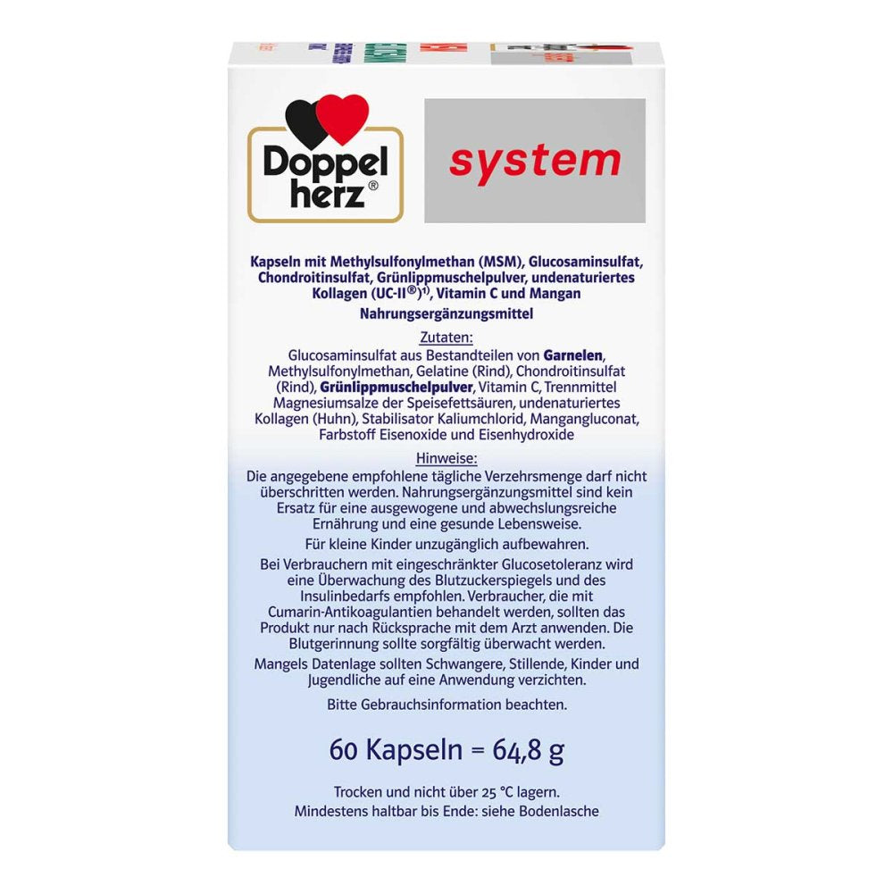 Doppelherz MSM 葡萄糖胺+硫酸软骨素复合营养胶囊 60 粒 PZN 17974290