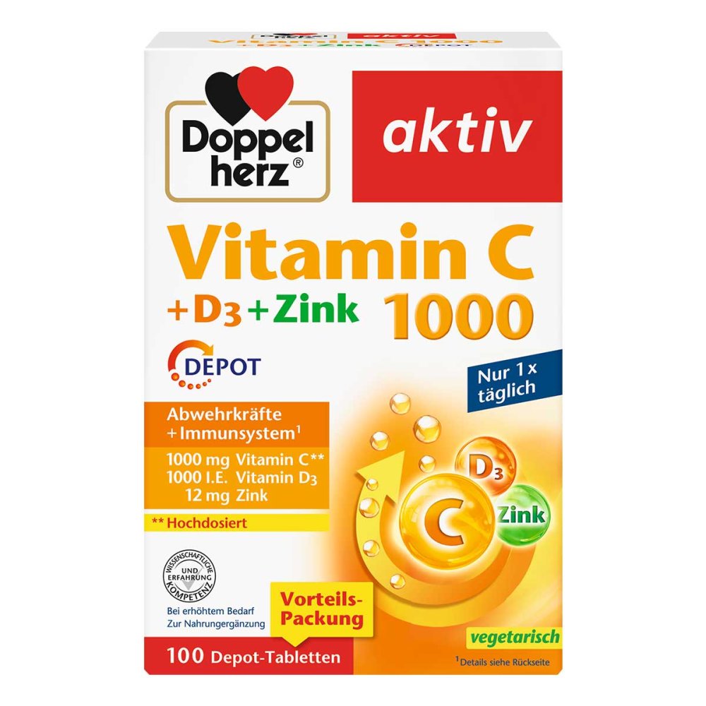 德国原装 Doppelherz双心 维生素C 1000 + D3 + 锌 复合营养片 100粒 提高免疫力，支持能量代谢，补钙健骨 PZN 17620528