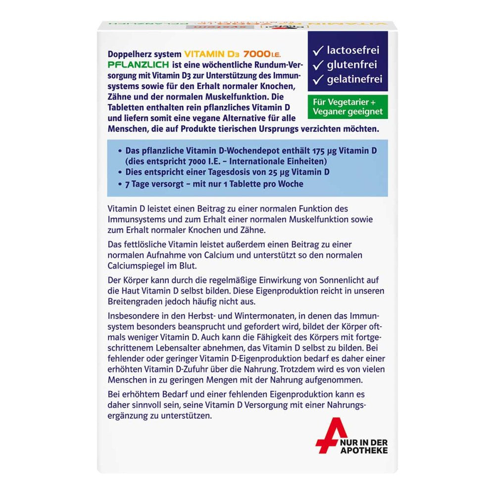 Doppelherz Vitamin D3 7000 IU Plant-Based Sys.TAB 60 Tablets PZN 19413101 | Weekly High Dose Vitamin D