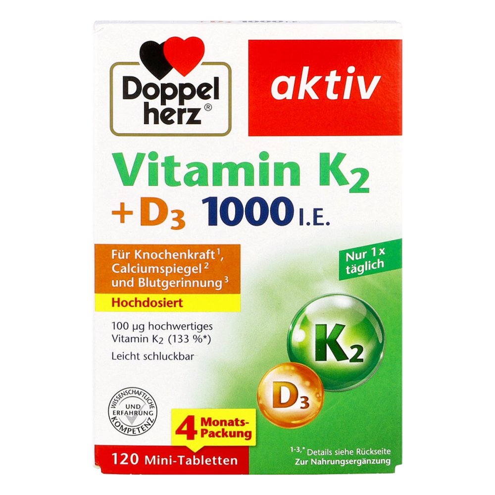 德国原装 Doppelherz双心 维生素K2+1000 IU维生素D3 120粒 PZN 17980882 补钙健骨，提高免疫力