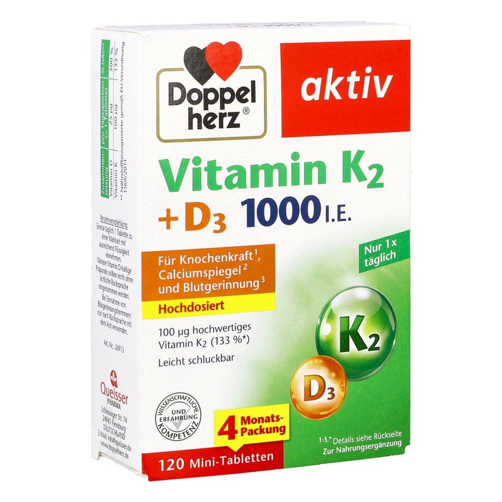 德国原装 Doppelherz双心 维生素K2+1000 IU维生素D3 120粒 PZN 17980882 补钙健骨，提高免疫力