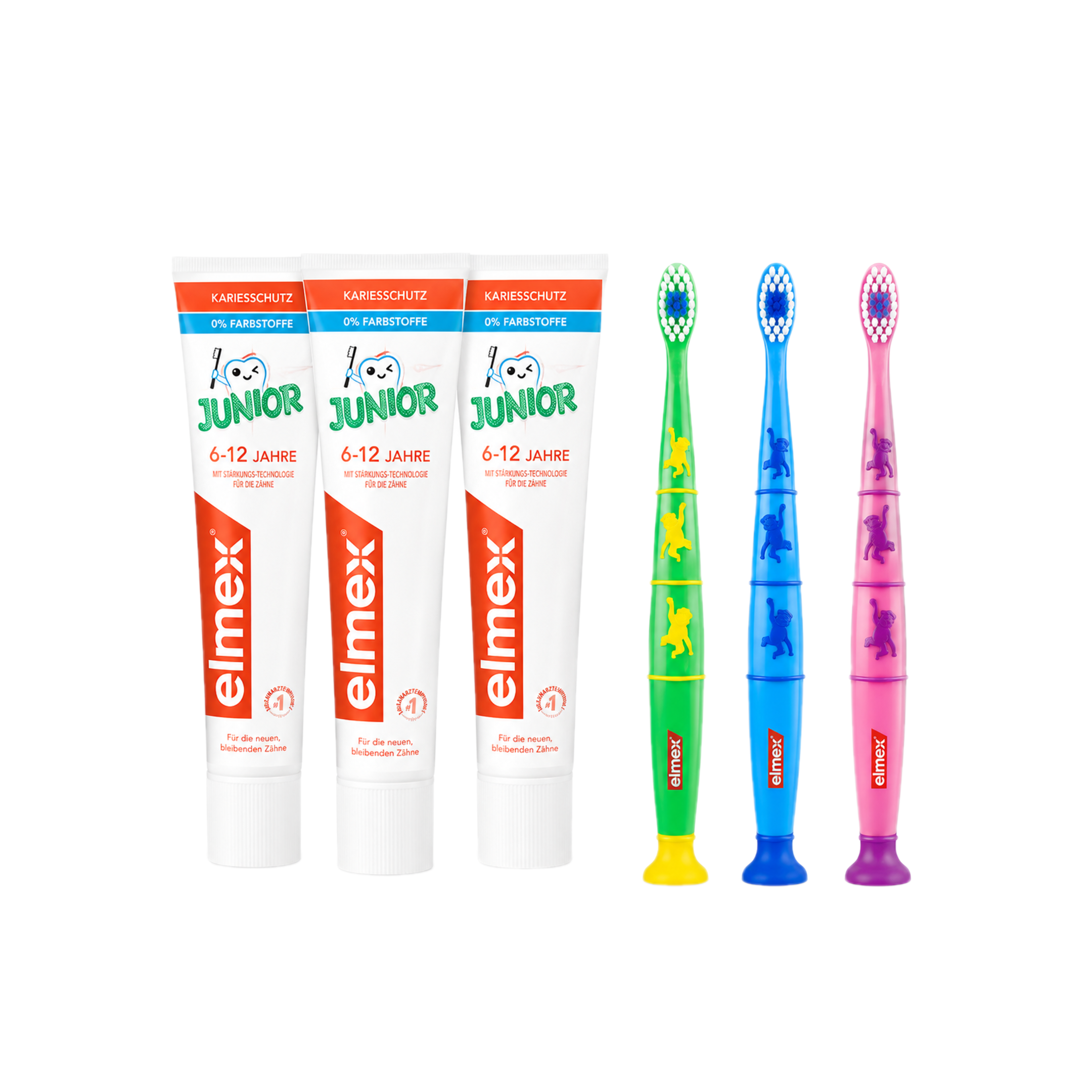 elmex Kids Oral Care Bundle | 3× Junior Toothpaste 75 ml + 3× Soft Kids Toothbrushes | 6-Piece Set | PZN 04878633 + 02735823