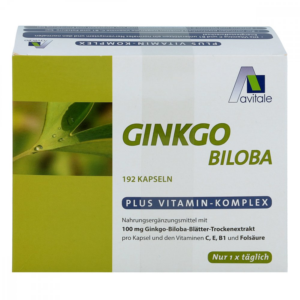 Avitale Ginkgo 100 mg Capsules 192 Capsules | 100 mg Ginkgo Biloba Extract, Vitamins C, E, B1 & Folic Acid | 192-Day Supply | Made in Germany