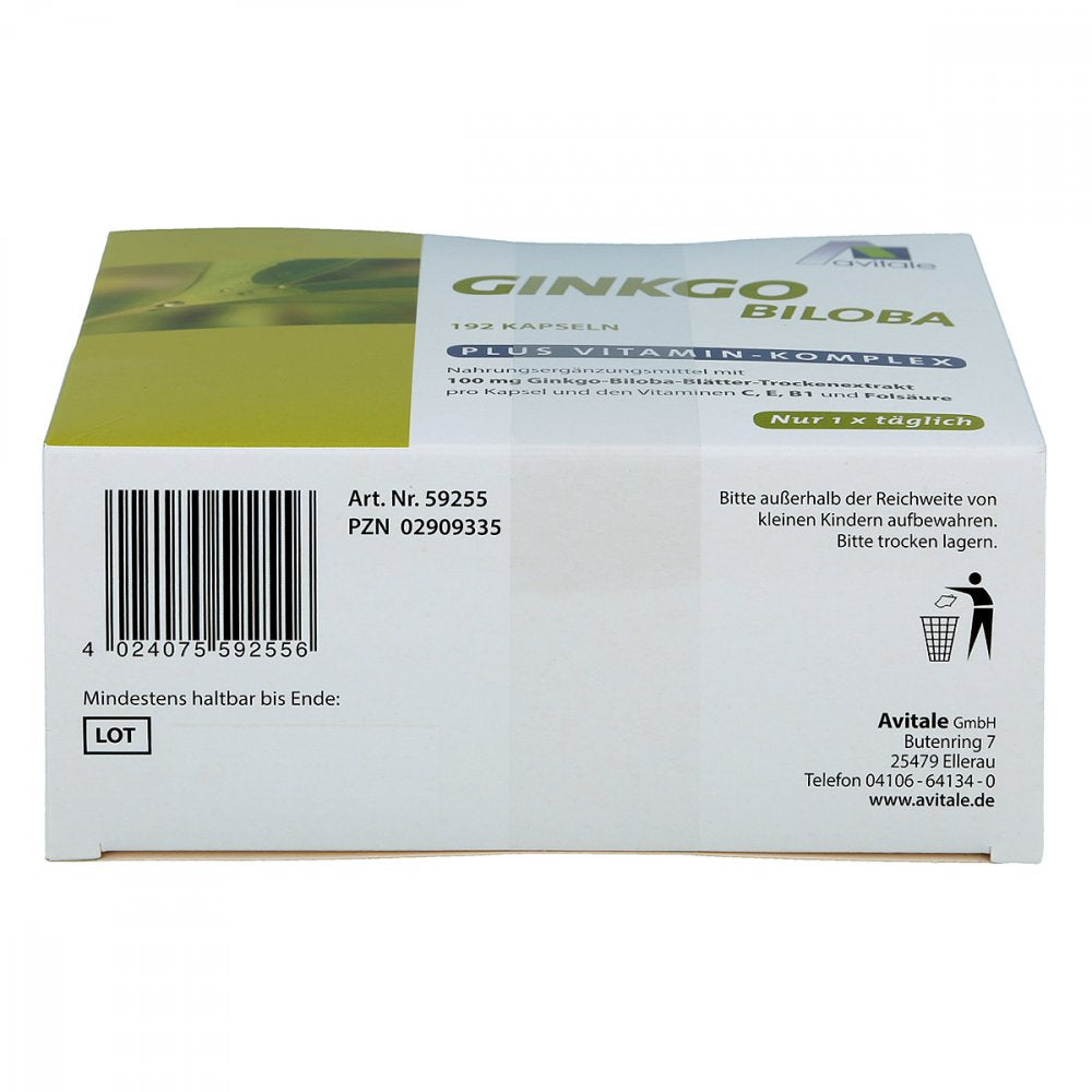 Avitale Ginkgo 100 mg Capsules 192 Capsules | 100 mg Ginkgo Biloba Extract, Vitamins C, E, B1 & Folic Acid | 192-Day Supply | Made in Germany