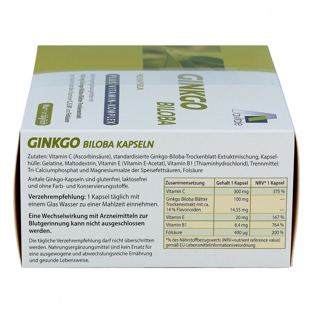 Avitale Ginkgo 100 mg Capsules 192 Capsules | 100 mg Ginkgo Biloba Extract, Vitamins C, E, B1 & Folic Acid | 192-Day Supply | Made in Germany