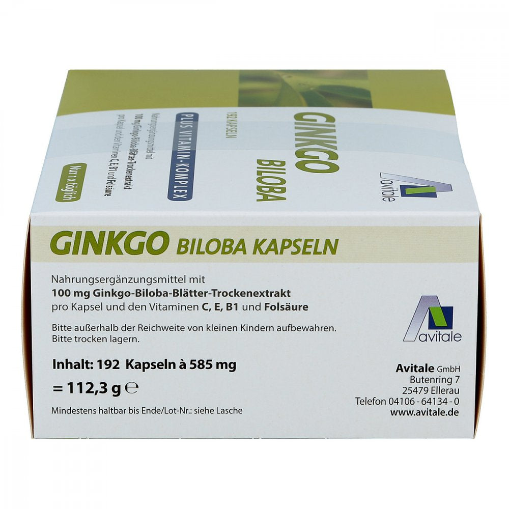 Avitale Ginkgo 100 mg Capsules 192 Capsules | 100 mg Ginkgo Biloba Extract, Vitamins C, E, B1 & Folic Acid | 192-Day Supply | Made in Germany