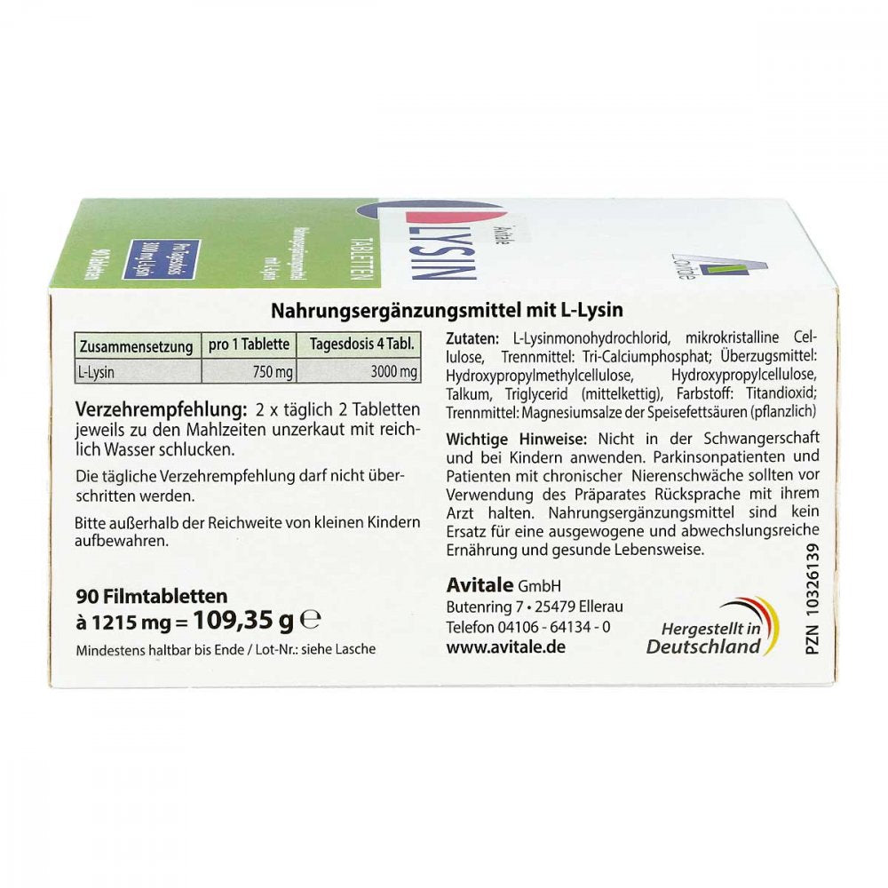Avitale L-Lysine 750 mg tablets, 90 pcs PZN 10326139