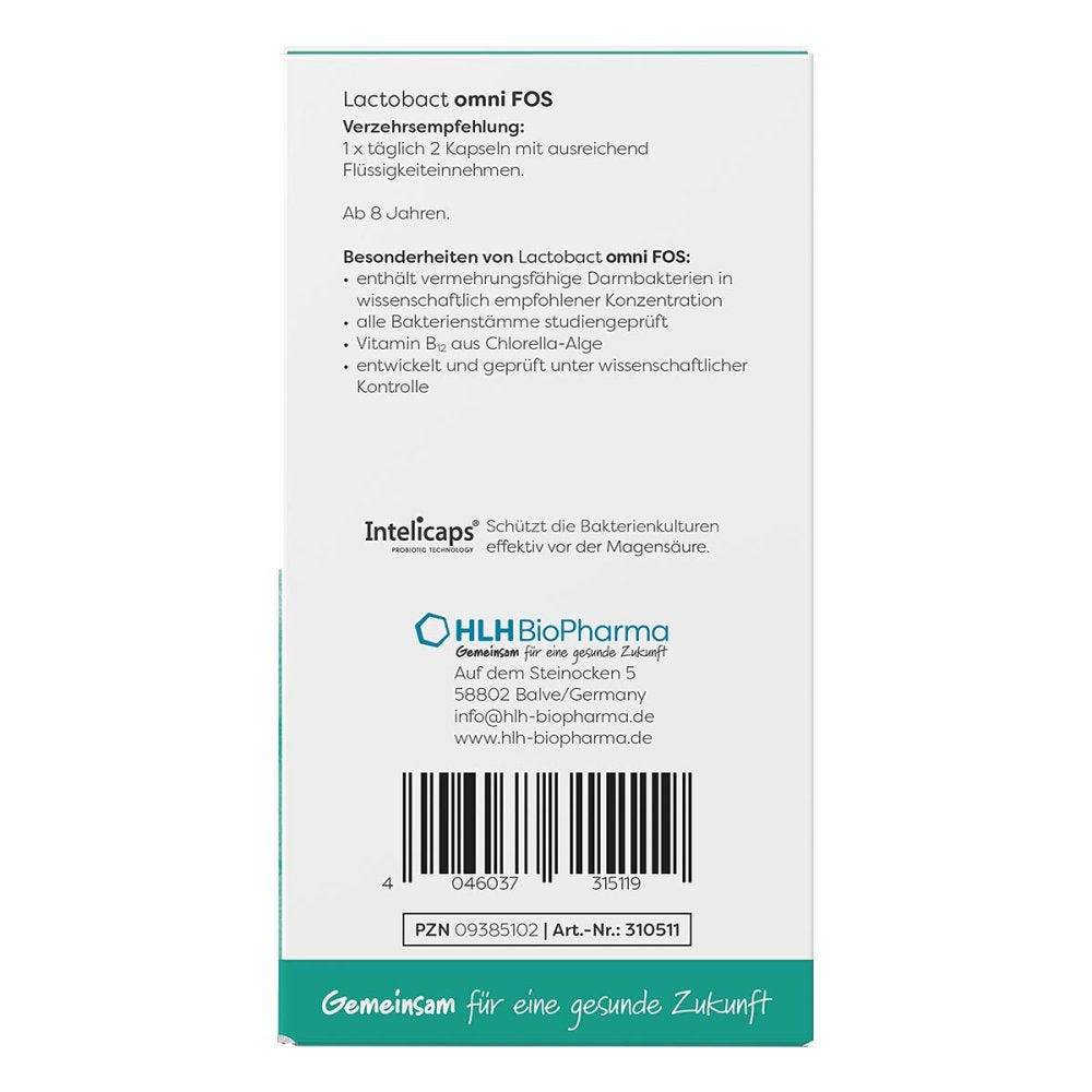 Lactobact omni FOS 60 Gastro-Resistant Capsules | Probiotic with Vitamin B12 & FOS | 6 Probiotic Strains | Vegan PZN 09385102