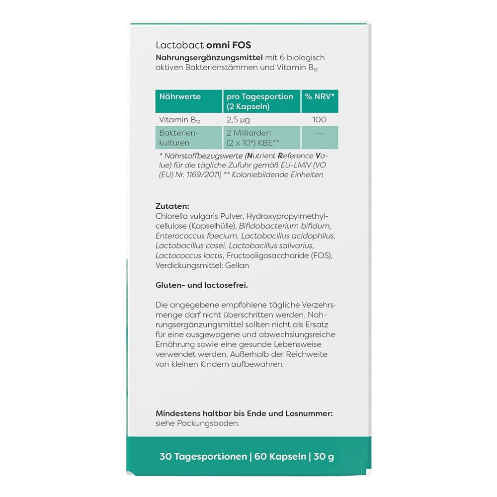 Lactobact omni FOS 60 Gastro-Resistant Capsules | Probiotic with Vitamin B12 & FOS | 6 Probiotic Strains | Vegan PZN 09385102