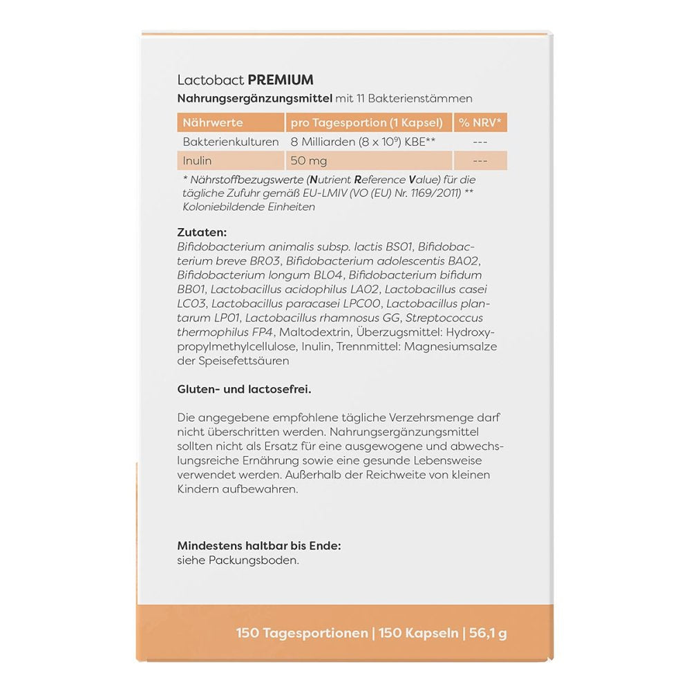 Lactobact Premium 150 Gastro-Resistant Capsules | 11 Probiotic Strains & Inulin | 8 Billion CFU | Vegan | Made in Germany PZN 18487439