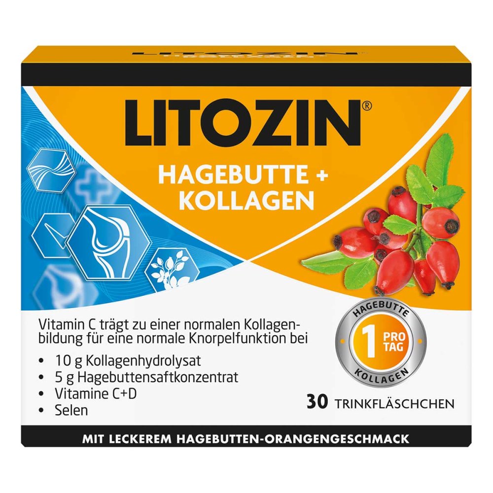 德国原装Litozin 玫瑰果 + 胶原蛋白口服液30 x 25ml 胶原蛋白10克 维生素C D3 硒 皮肤关节骨骼支持 PZN 11138061