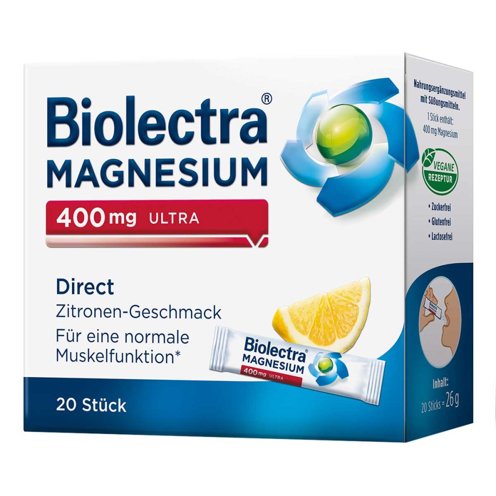 Biolectra Magnesium 400 mg Ultra Direct Lemon 20 Sticks – Fast Magnesium Support Without Water PZN 10252151