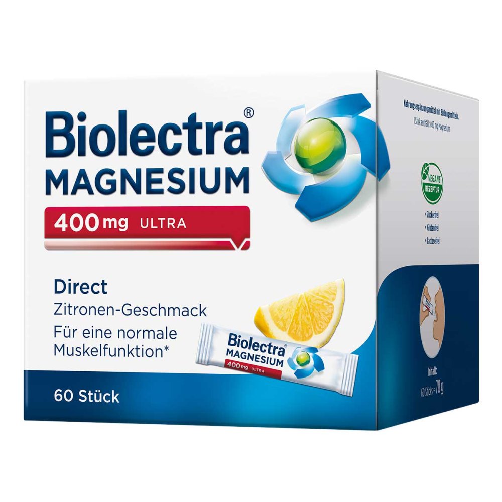 Biolectra Magnesium 400 mg Ultra Direct Lemon 60 Sticks PZN 14371289 – High Strength Magnesium for Muscles, Nerves & Energy