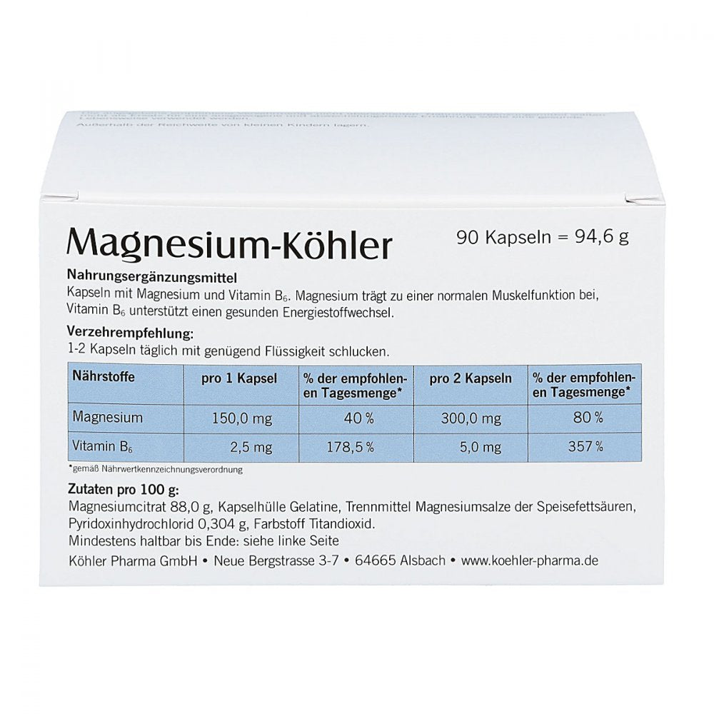 镁 Köhler 胶囊 90 粒 PZN 06103416，每日支持肌肉和神经