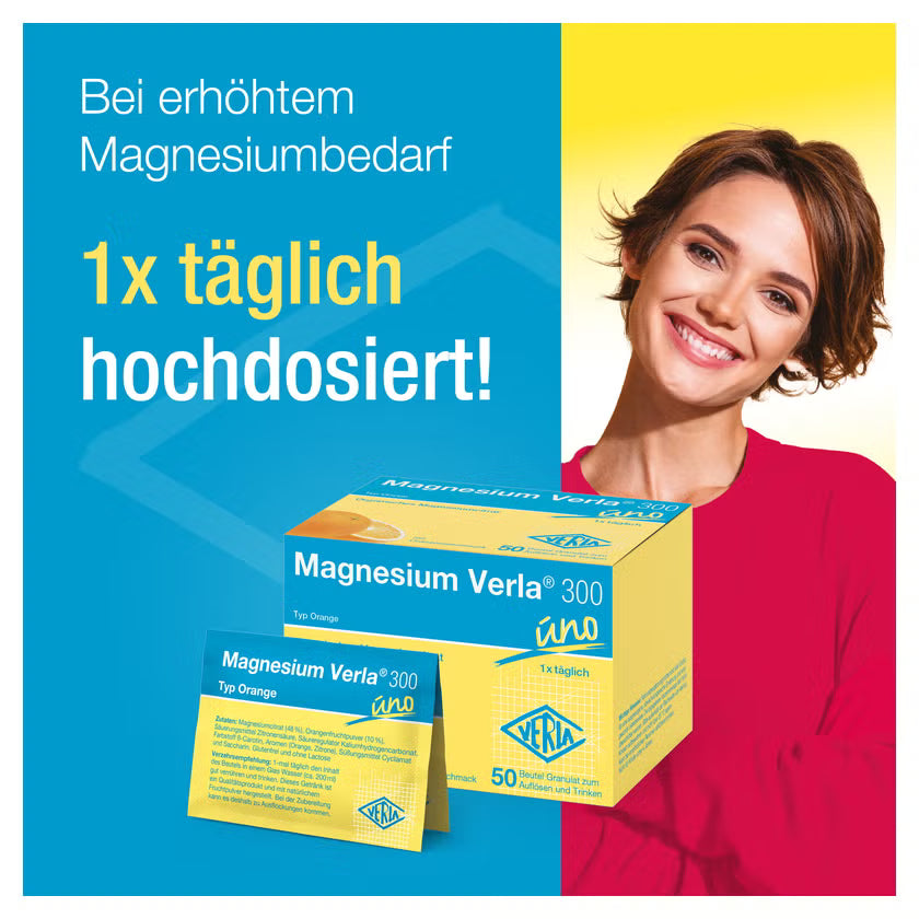 Magnesium Verla 300 uno Orange | Magnesium Citrate 300 mg for Muscles, Energy & Electrolyte Balance | 50 Sachets | PZN 01316917