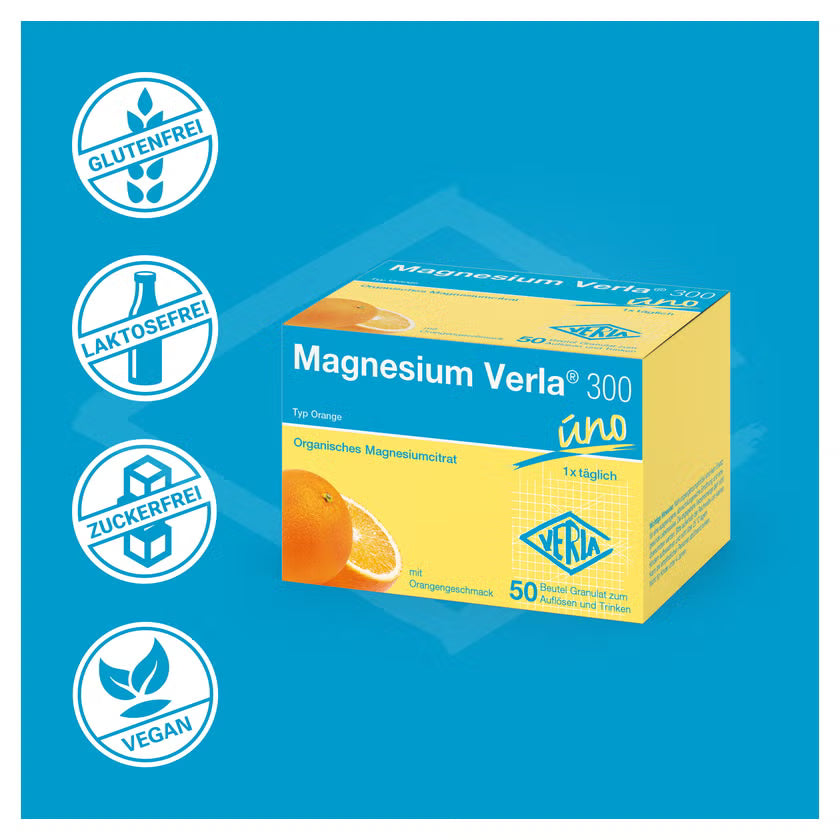 Magnesium Verla 300 uno Orange | Magnesium Citrate 300 mg for Muscles, Energy & Electrolyte Balance | 50 Sachets | PZN 01316917
