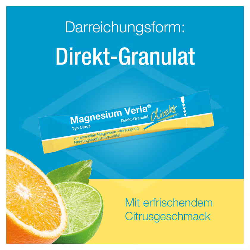 Magnesium Verla Direkt Citrus | Magnesium Citrate 150 mg for Muscles, Nerves & Energy | No Water Needed | 60 Sticks | PZN 15201135