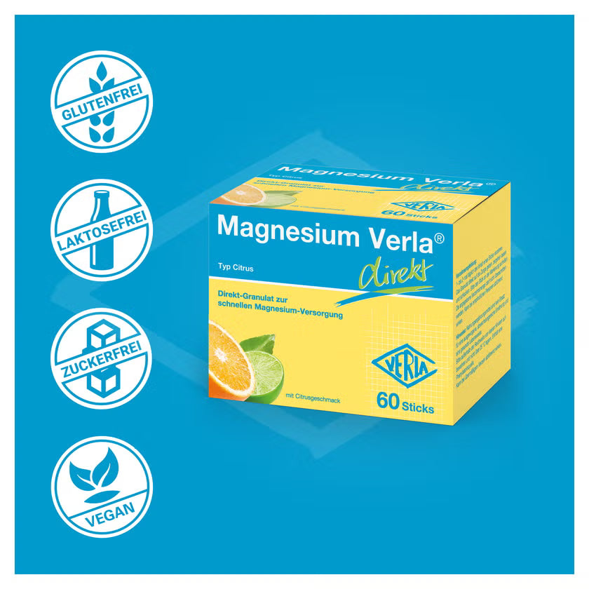 Magnesium Verla Direkt Citrus | Magnesium Citrate 150 mg for Muscles, Nerves & Energy | No Water Needed | 60 Sticks | PZN 15201135