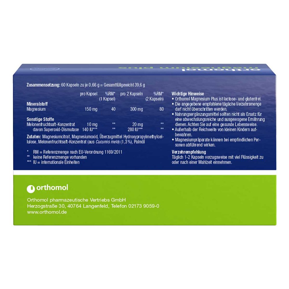 Orthomol Magnesium Plus | 150 mg Magnesium + SOD from Melon | Muscle & Energy Metabolism Support | 60 Vegan Capsules | PZN 12502505