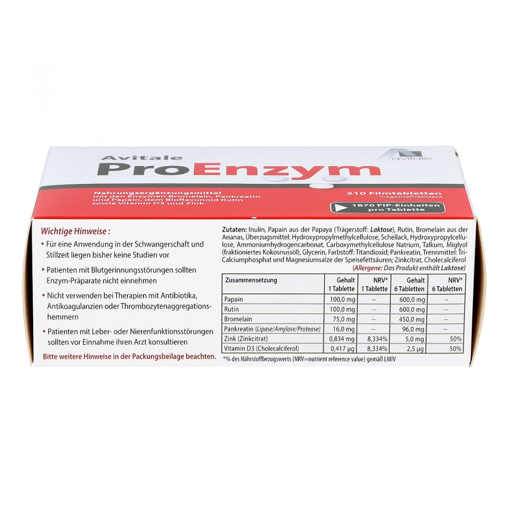 ProEnzym ProEnzym | Gastro-Resistant Enzyme Complex | Papain, Bromelain, Pancreatin & Rutin | With Vitamin D3 & Zinc | 210 Tablets | PZN 05880483