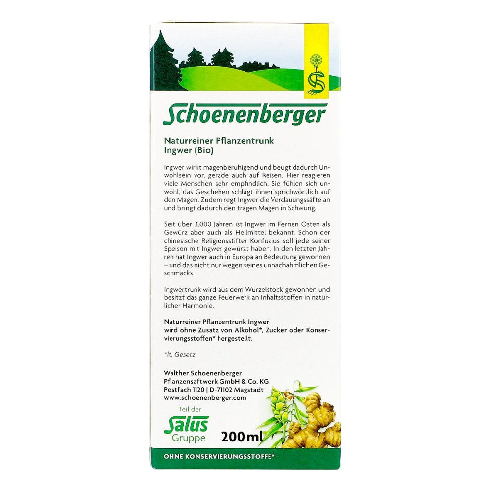 Germany Schoenenberger Organic Ginger Herbal Drink 200ml PZN 02640525 Fresh Pressed Plant Juice Digestive Stomach Support Vegan
