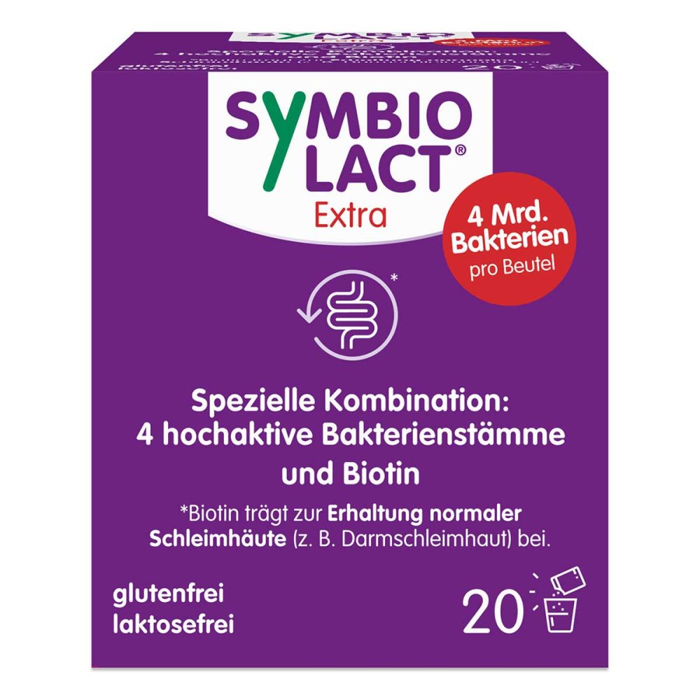 SymbioLact Extra High-Strength Probiotic 20 Sachets | 4 Live Probiotic Strains | 4 Billion CFU + Biotin | Gut Microbiome & Intestinal Mucosa Support | PZN 19438408