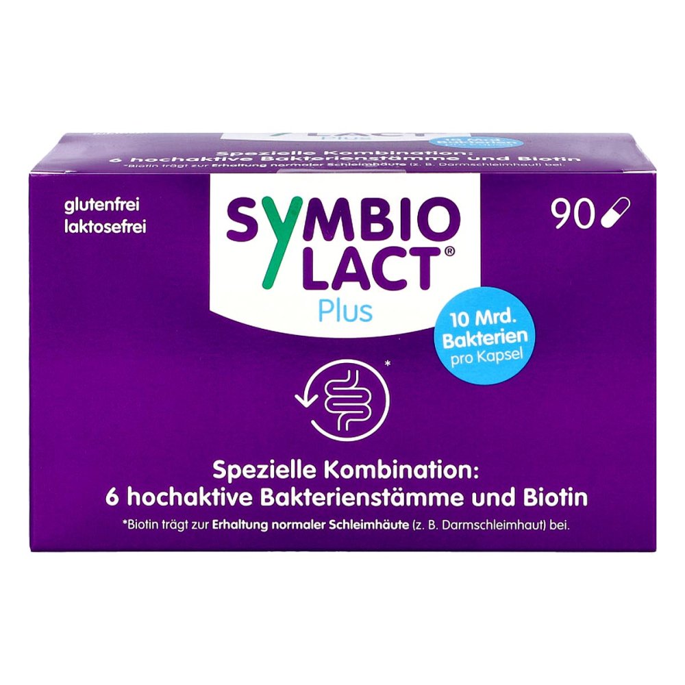 SymbioLact Plus High-Strength Probiotic 90 Capsules | 6 Live Probiotic Strains | 10 Billion CFU + Biotin | Gut Flora & Intestinal Mucosa Support | PZN 15257897