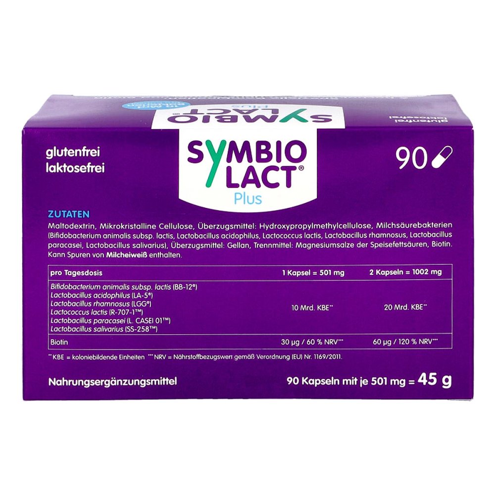 SymbioLact Plus High-Strength Probiotic 90 Capsules | 6 Live Probiotic Strains | 10 Billion CFU + Biotin | Gut Flora & Intestinal Mucosa Support | PZN 15257897