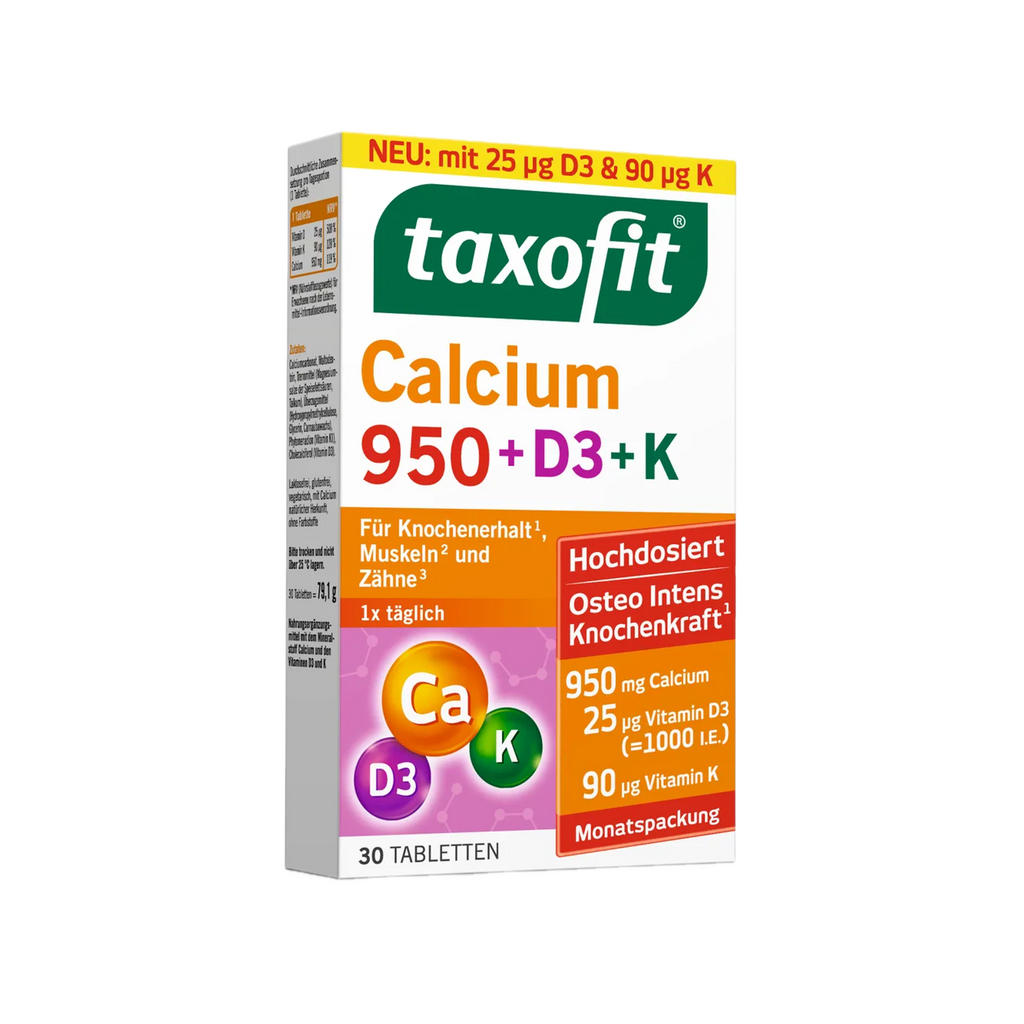 taxofit Calcium 950 + D3 + K | 950 mg Calcium + Vitamin D3 & K1 | Bones, Muscles & Teeth Support | 30 Tablets | PZN 17877517