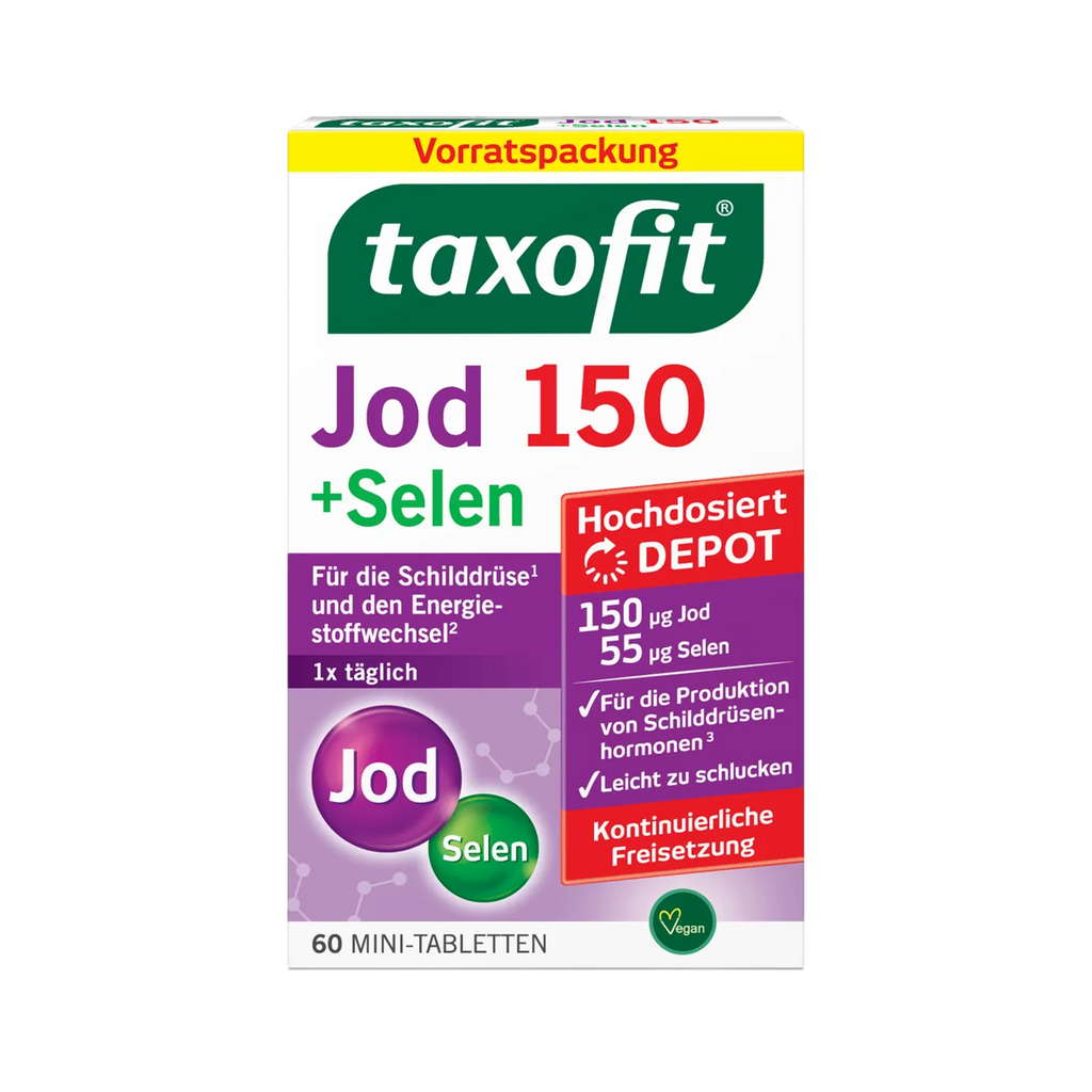 taxofit Iodine 150 + Selenium | 150 µg Iodine + 55 µg Selenium | Thyroid Function & Energy Metabolism Support | Vegan | 60 Mini Tablets | PZN 18405855